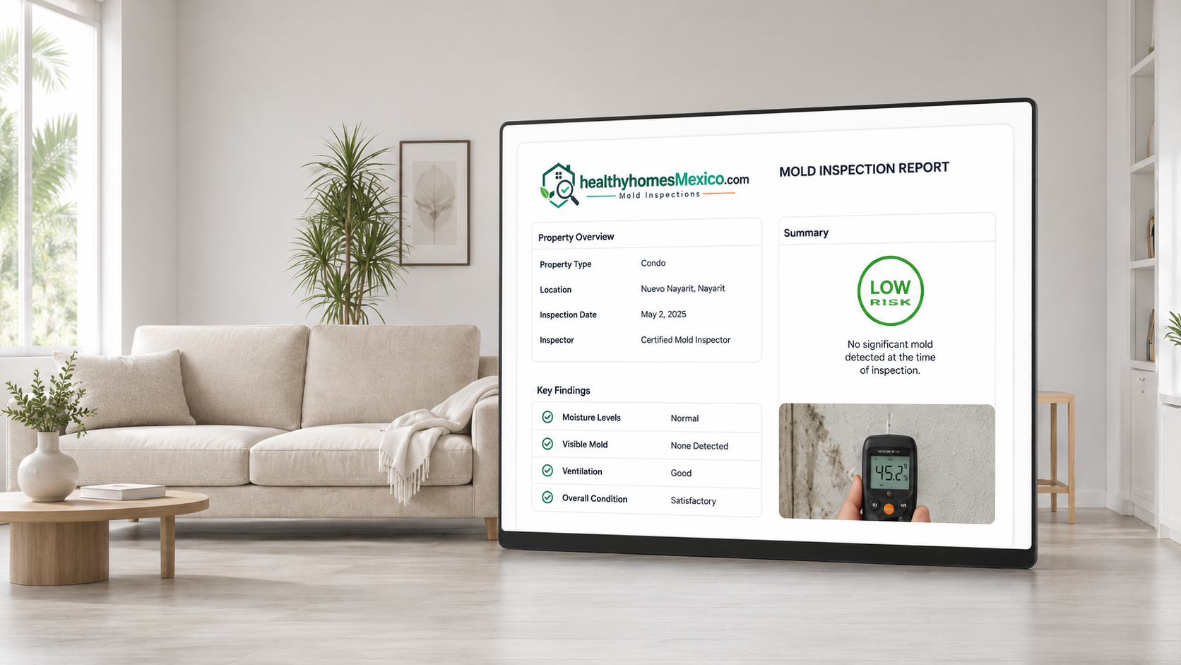 Sample mold inspection report shown on a tablet in a living room